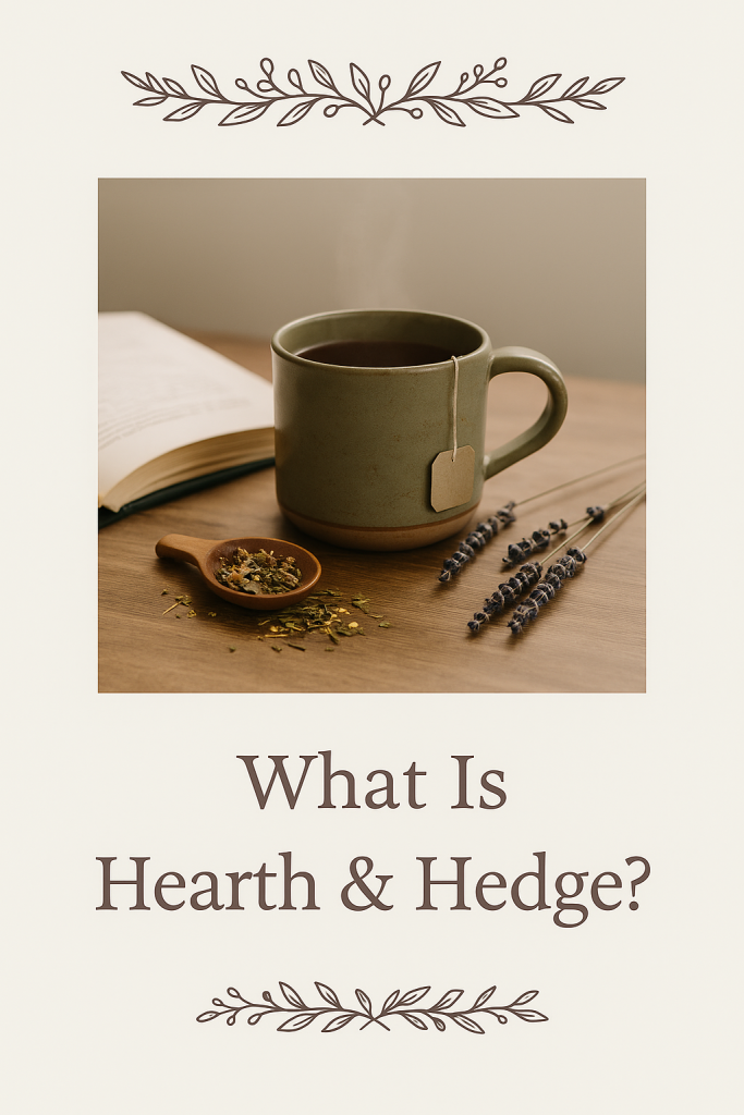What Is Hearth & Hedge? 1 A ceramic mug with tea beside herbs and a candle - warm and seasonal.