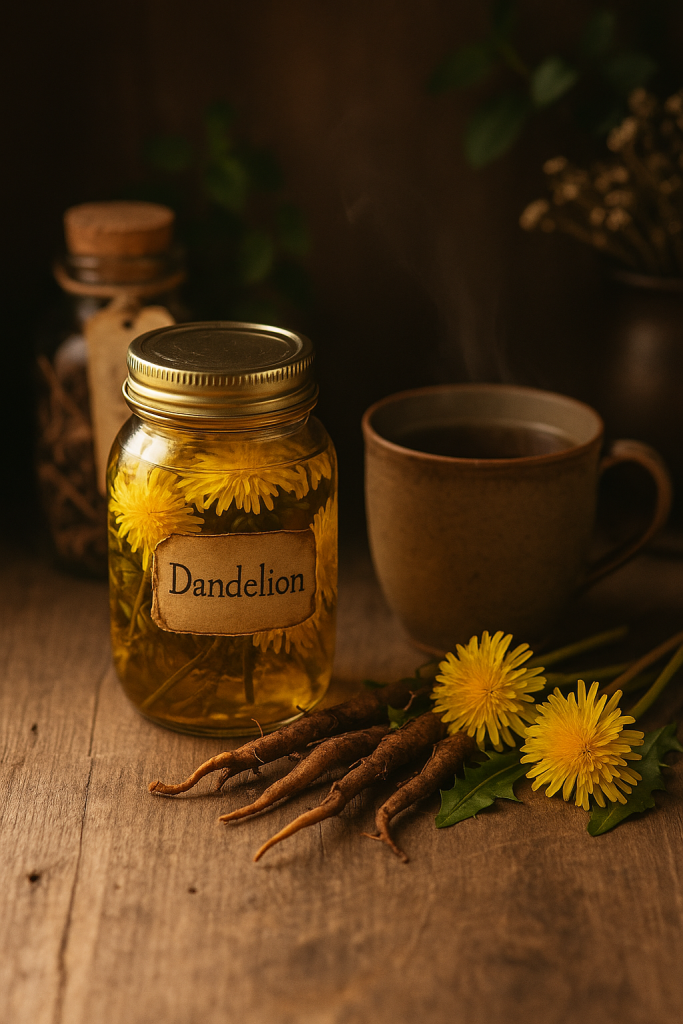 Fresh dandelion flowers and leaves on a rustic surface, ready for herbal use.