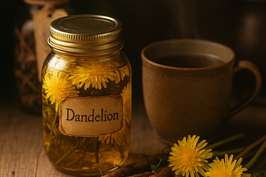 Fresh dandelion flowers and leaves on a rustic surface, ready for herbal use.