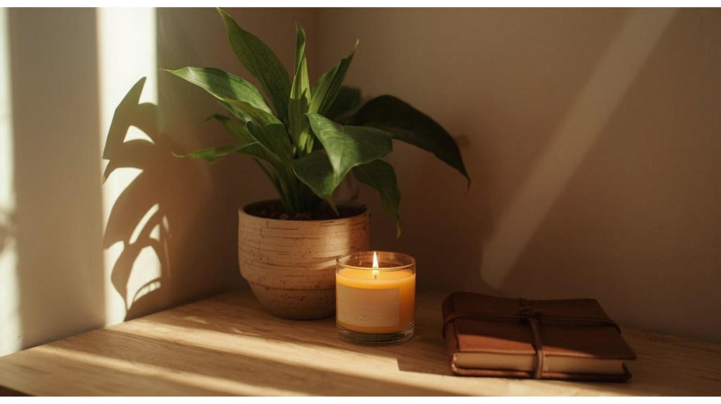 Cozy ritual space with candle and journal.
