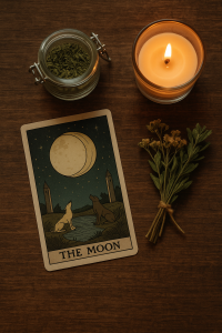 The Moon tarot card displayed with a lit candle, dried herbs, and an herb jar, creating a cozy witchy ritual setup.