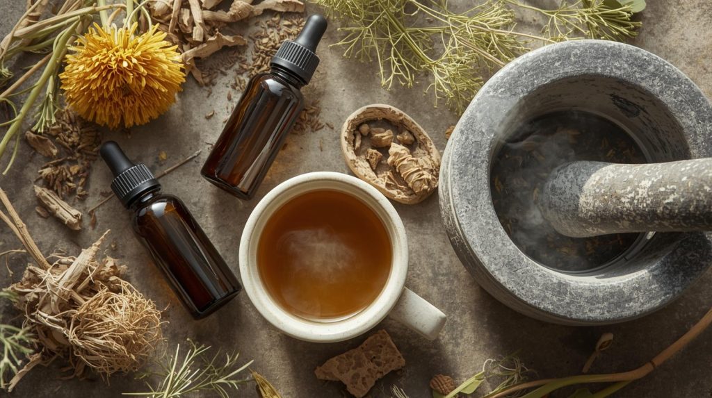Flat lay of dried dandelion root, tea blend, and tincture bottle with labeled jars