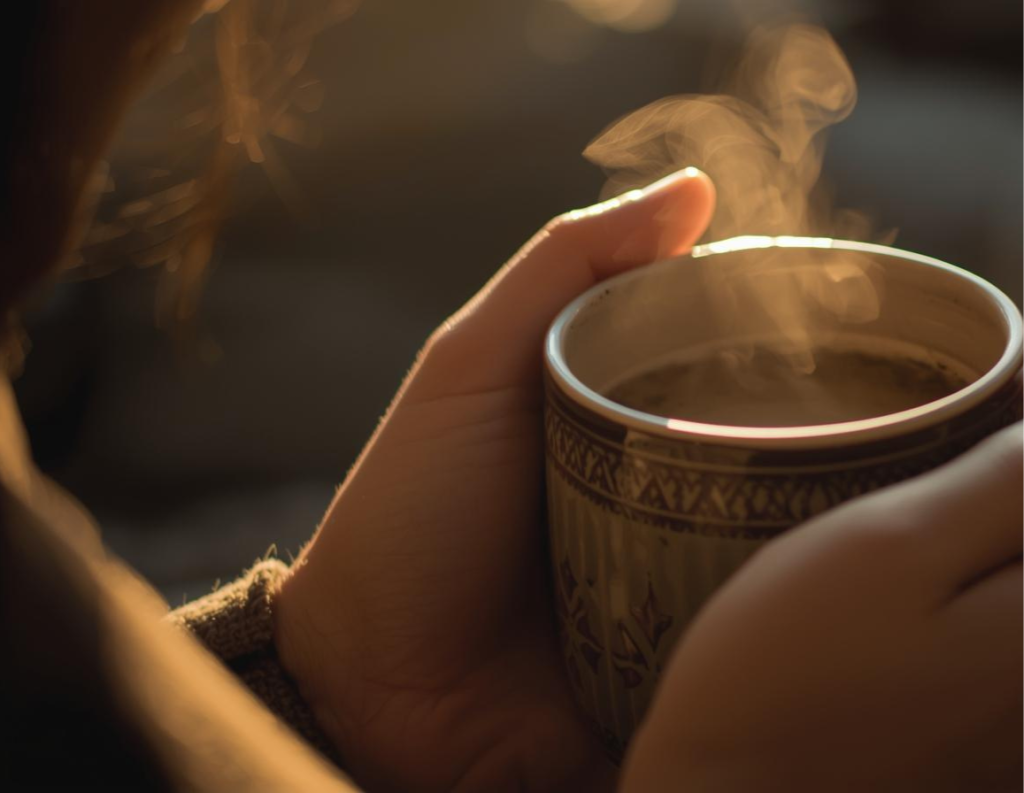 Setting intention for a daily ritual while holding a warm mug.