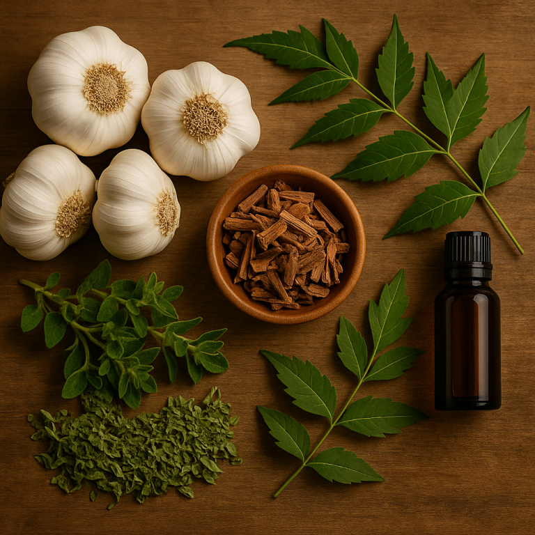Fresh garlic bulbs, oregano, neem leaves, Pau d’Arco bark, and a bottle of tea tree oil on a rustic wooden surface.