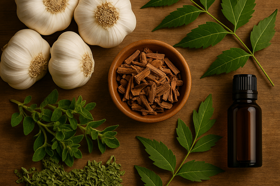 Fresh garlic bulbs, oregano, neem leaves, Pau d’Arco bark, and a bottle of tea tree oil on a rustic wooden surface.