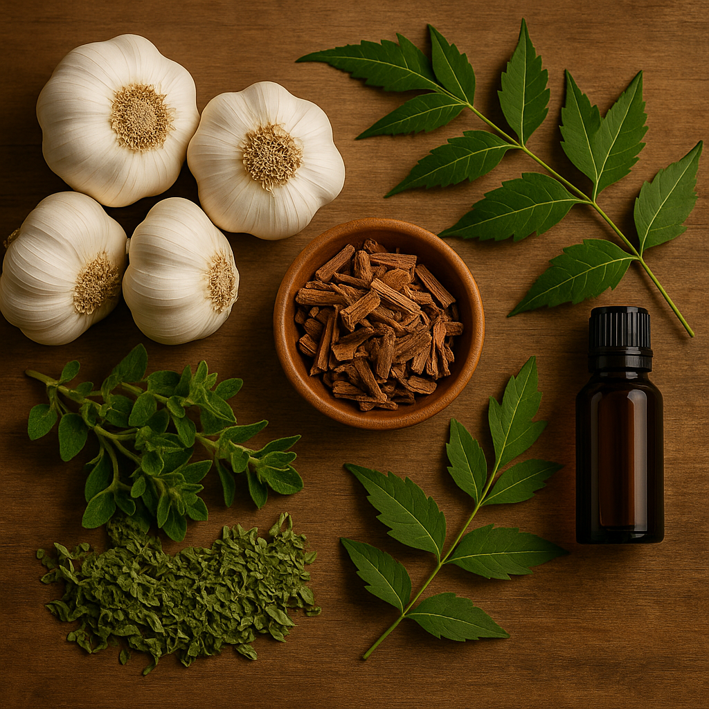 Fresh garlic bulbs, oregano, neem leaves, Pau d’Arco bark, and a bottle of tea tree oil on a rustic wooden surface.