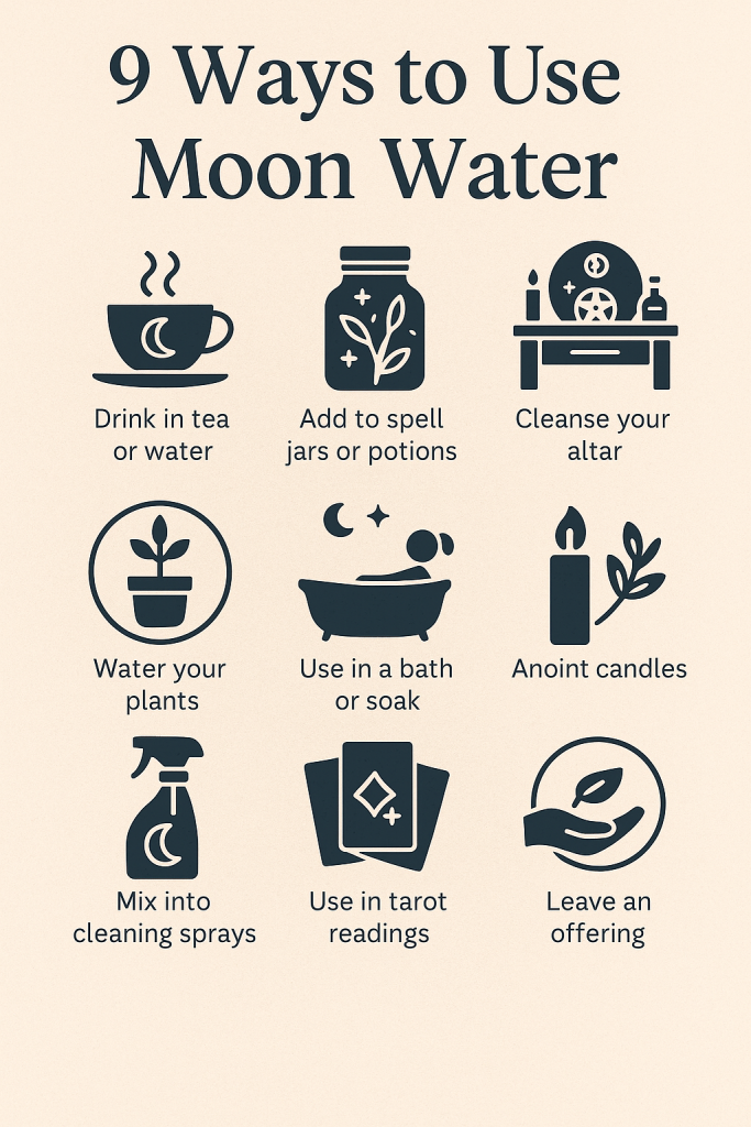9 ways to use moon water infographic for rituals, self-care, and home magic.
