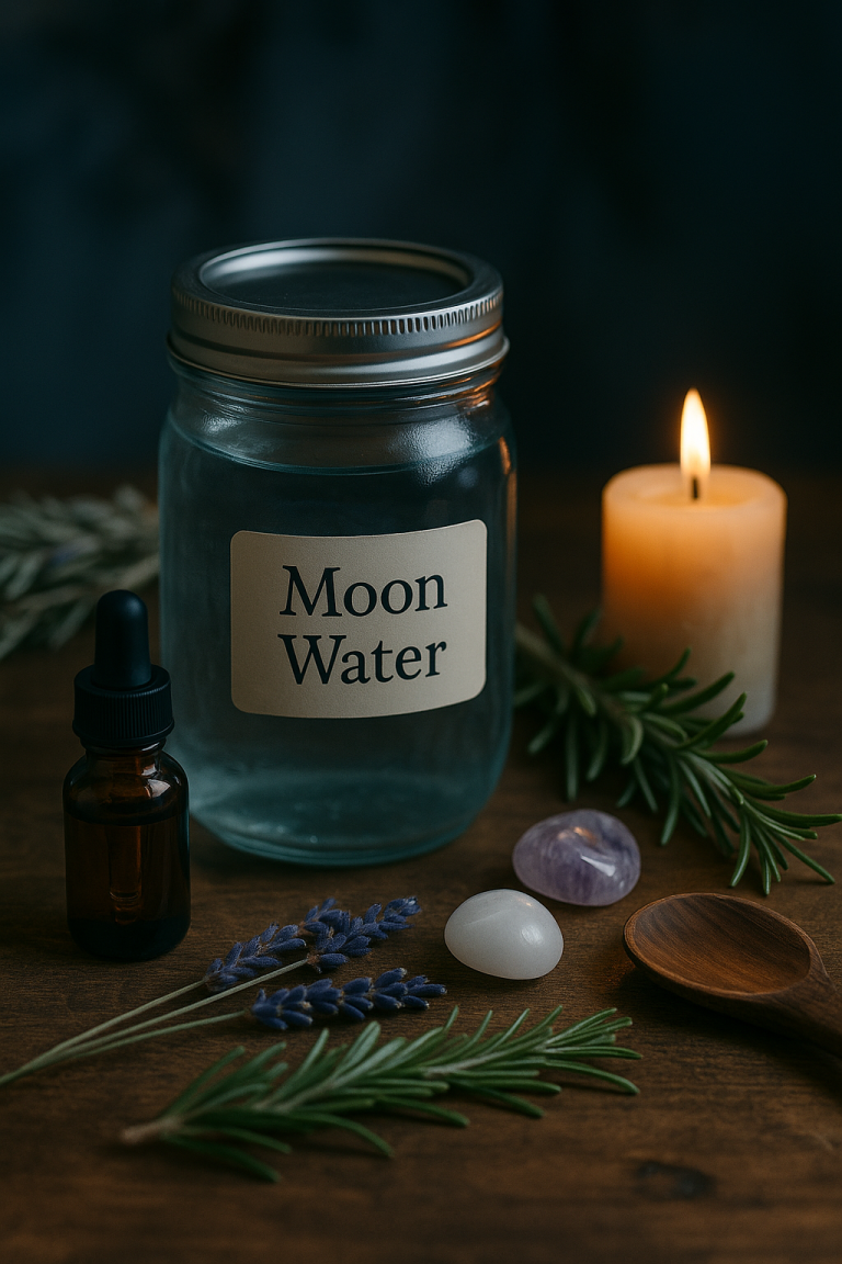A mason jar labeled 'Moon Water' surrounded by crystals, herbs, a dropper bottle, and a lit candle on a rustic wooden altar under soft moonlight.