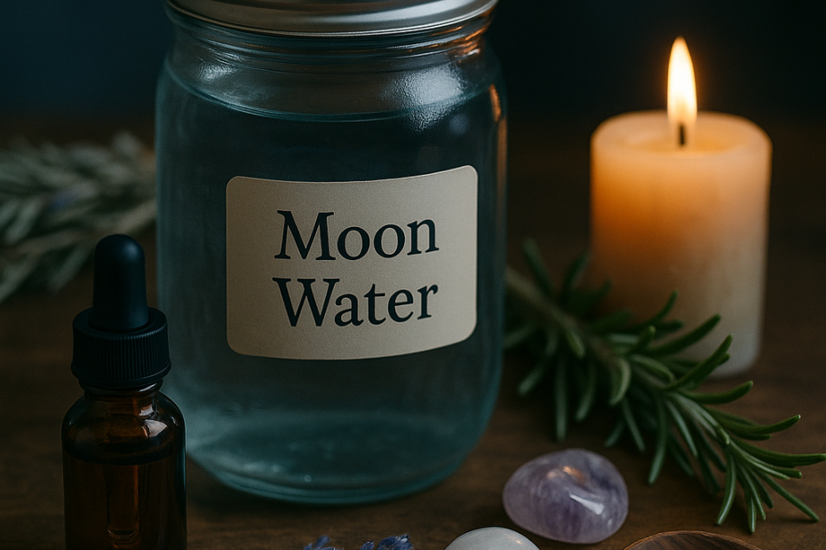 A mason jar labeled 'Moon Water' surrounded by crystals, herbs, a dropper bottle, and a lit candle on a rustic wooden altar under soft moonlight.