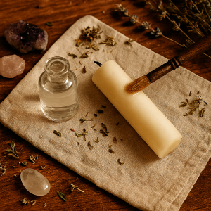 Moon water being used to anoint a ritual candle before spellwork.