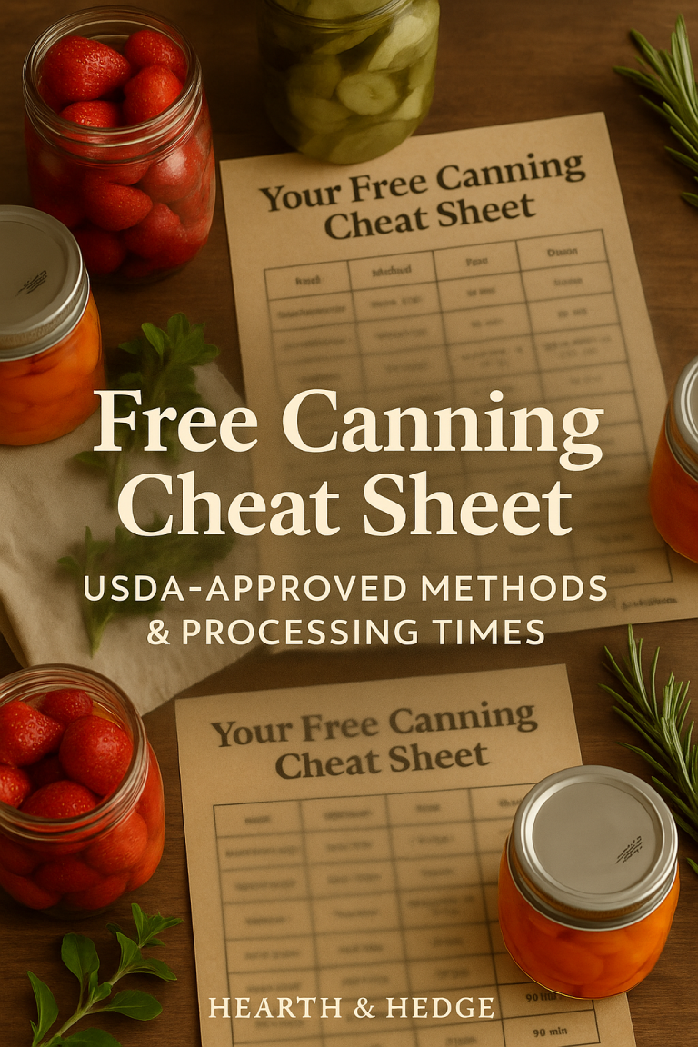 A rustic kitchen table with a blurred canning cheat sheet surrounded by home-canned fruits, vegetables, and fresh herbs, styled for a cozy homestead feel.