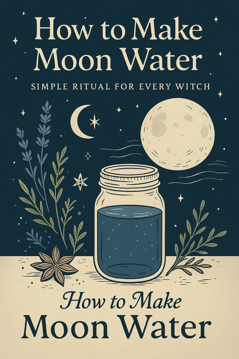 A jar of moon water on a wooden table under the full moon, surrounded by herbs and magical symbols in a cozy witchy setting.