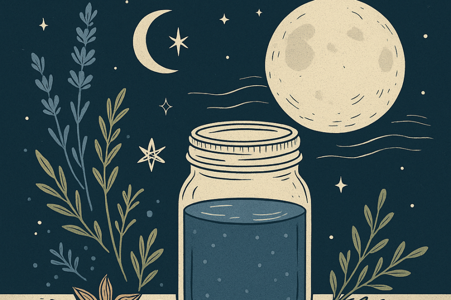 A jar of moon water on a wooden table under the full moon, surrounded by herbs and magical symbols in a cozy witchy setting.