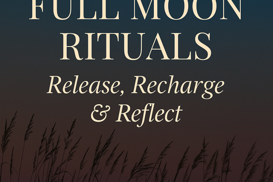 A full moon above a title that reads "Full Moon Rituals Release, Recharge, & Reflect"