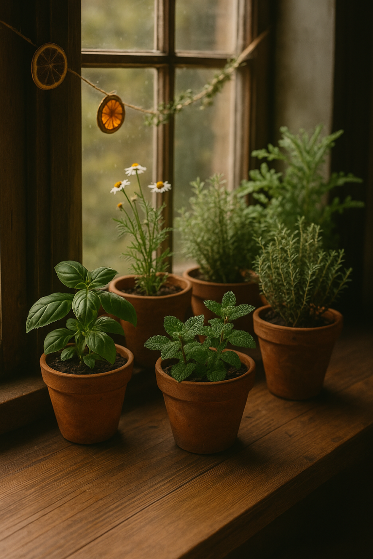 Terracotta pots of basil, chamomile, mint, rosemary, and other herbs growing on a sunny wooden windowsill, with dried orange slice garland in the background.