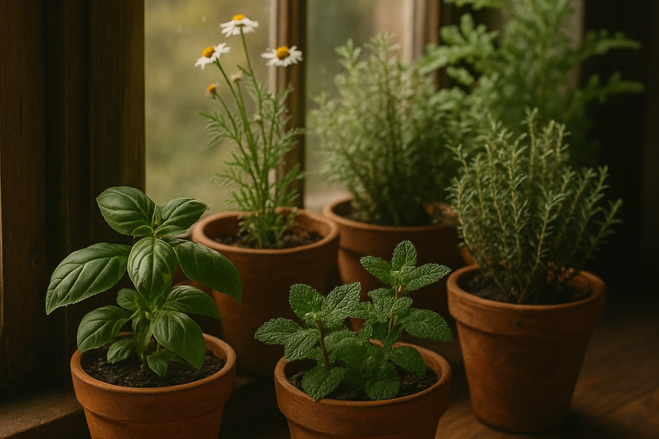 Terracotta pots of basil, chamomile, mint, rosemary, and other herbs growing on a sunny wooden windowsill, with dried orange slice garland in the background.