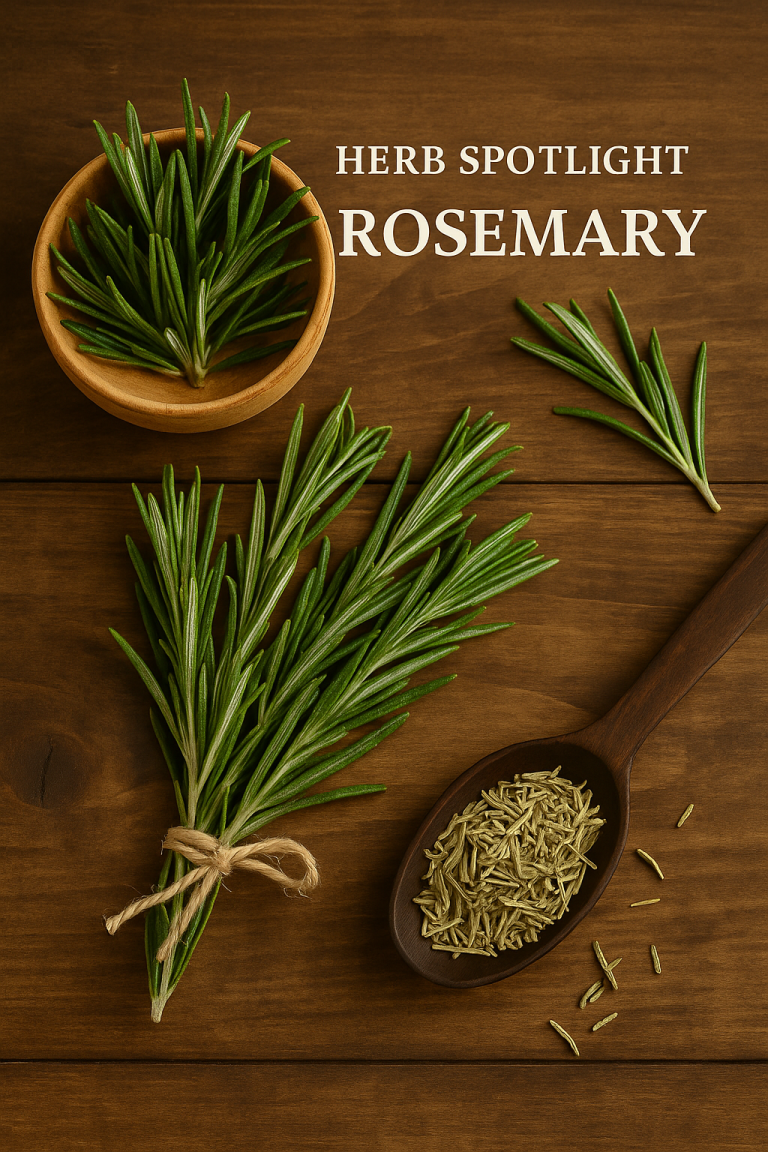 Fresh and dried rosemary sprigs on a rustic wooden surface with a wooden spoon and a small bowl of rosemary.