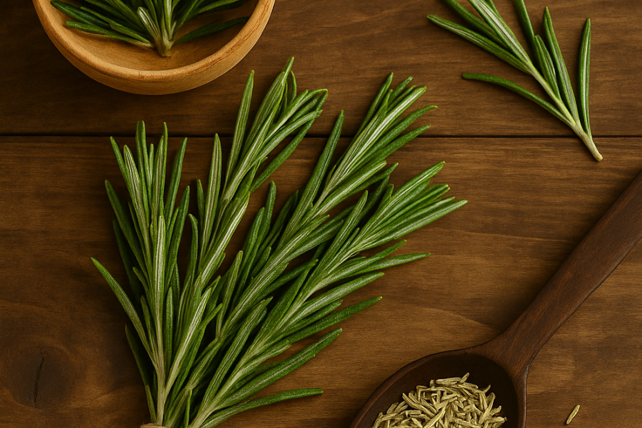 Fresh and dried rosemary sprigs on a rustic wooden surface with a wooden spoon and a small bowl of rosemary.