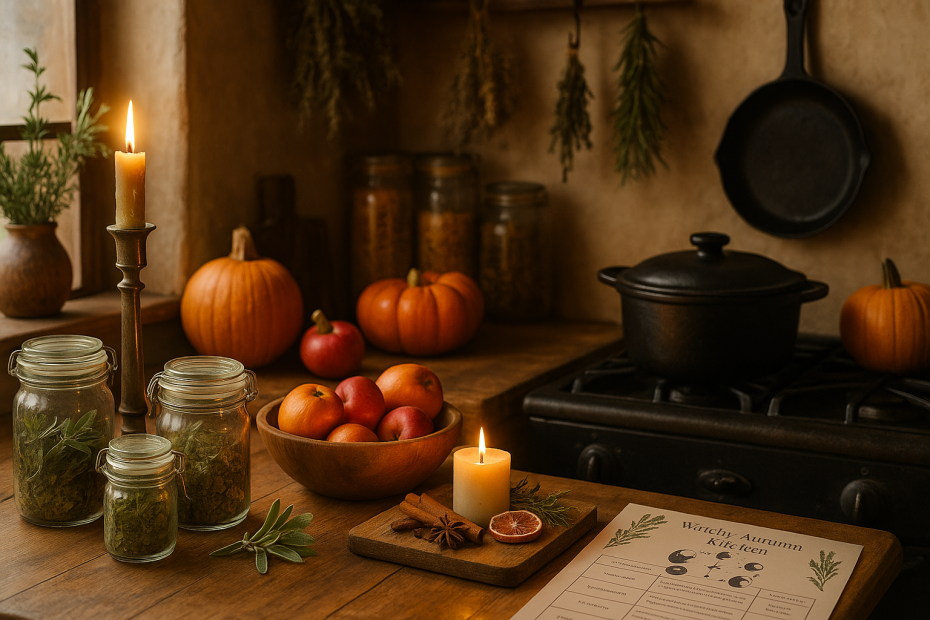 A rustic witchy autumn kitchen with apothecary jars, pumpkins, apples, lit candles, and cast iron cookware, styled for a cozy magical atmosphere.