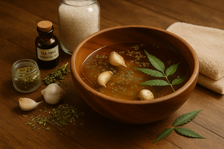 A wooden bowl filled with herbal foot soak containing garlic cloves, neem leaves, and dried herbs, surrounded by tea tree oil, Epsom salt, and a folded towel.