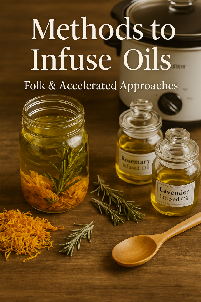 A rustic flatlay with jars of calendula, rosemary, and lavender-infused oils, a wooden spoon, sprigs of rosemary, and a small slow cooker in the background.