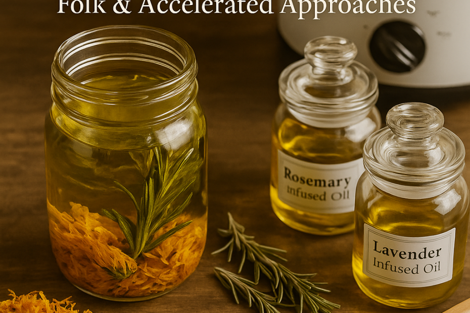A rustic flatlay with jars of calendula, rosemary, and lavender-infused oils, a wooden spoon, sprigs of rosemary, and a small slow cooker in the background.