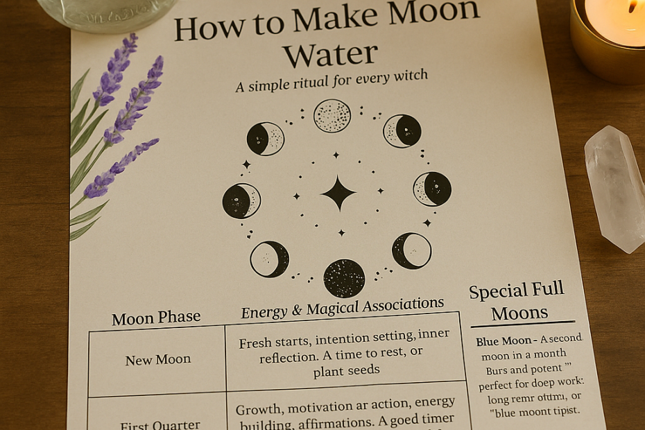 A witchy flatlay of a blurred moon water ritual guide with moon phase illustrations, candles, crystals, and a jar of water on a rustic table.
