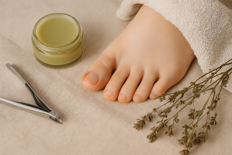 Herbal salve, nail clippers, and dried herbs beside a clean foot wrapped in a towel