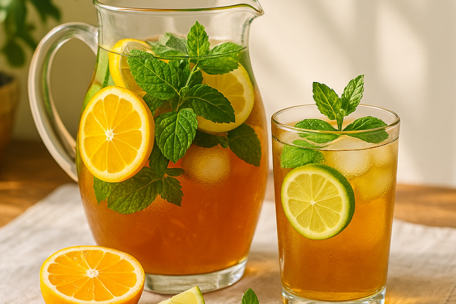 A glass pitcher of iced herbal tea with fresh herbs and citrus slices on a sunny table.
