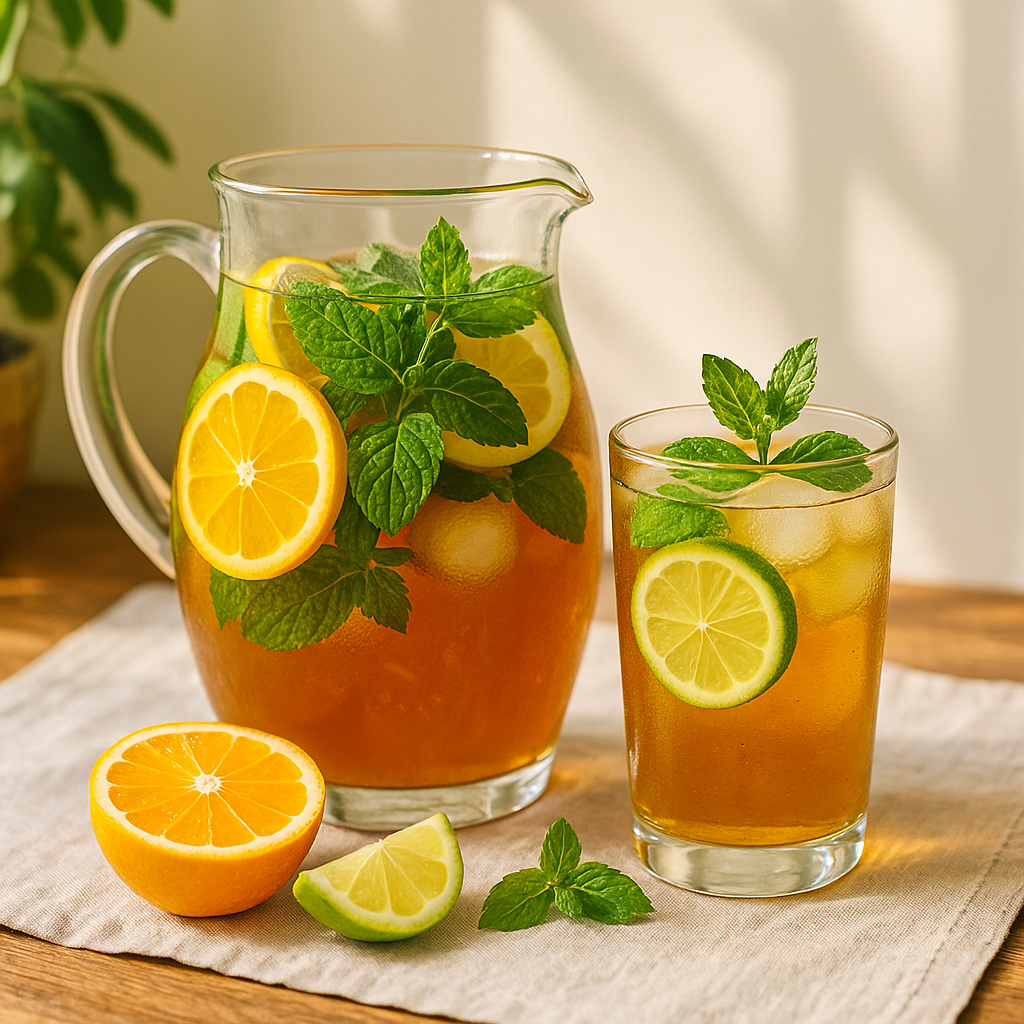 A glass pitcher of iced herbal tea with fresh herbs and citrus slices on a sunny table.