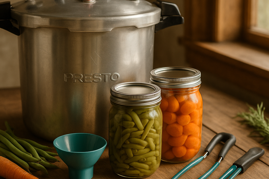 Beginner’s Guide to Pressure Canning Vegetables 9 A Presto pressure canner on a rustic wooden counter with jars of canned green beans and carrots, canning tools, and fresh vegetables nearby.