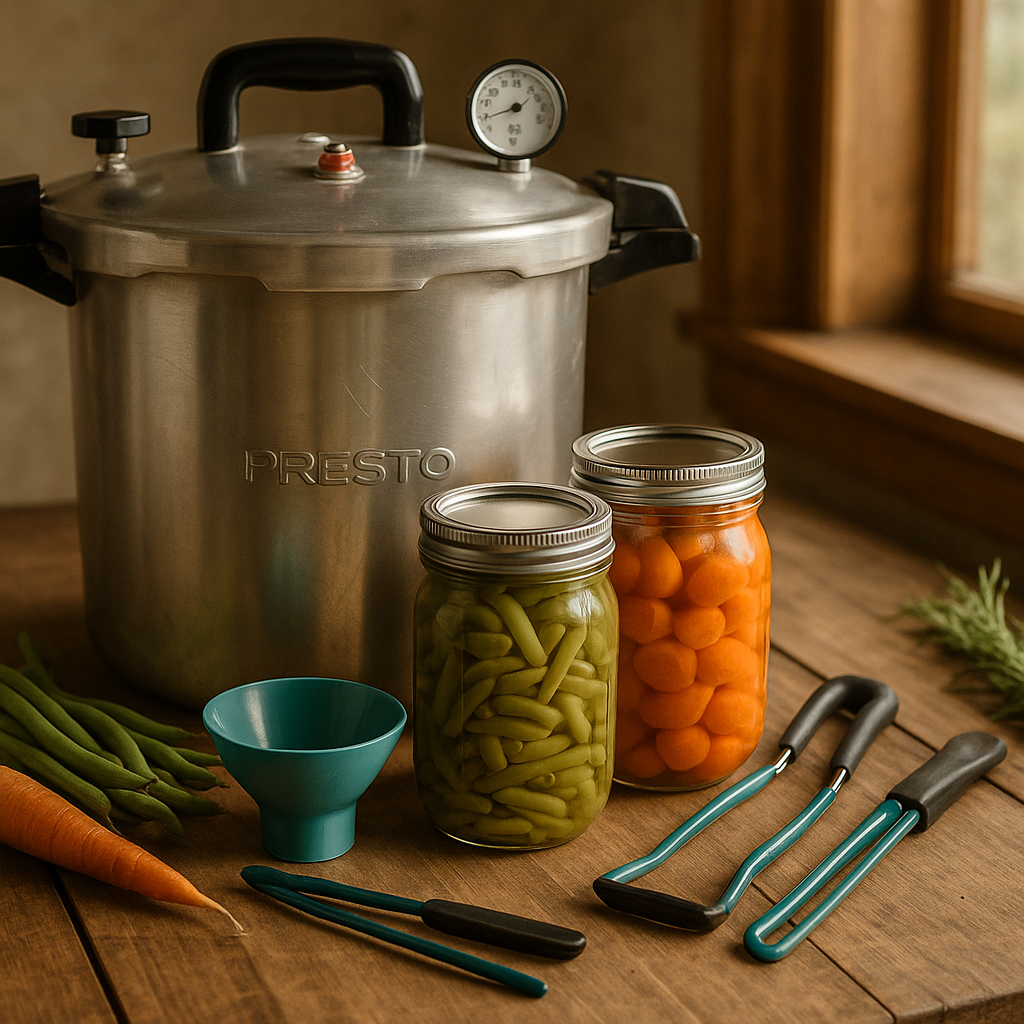 A Presto pressure canner on a rustic wooden counter with jars of canned green beans and carrots, canning tools, and fresh vegetables nearby.