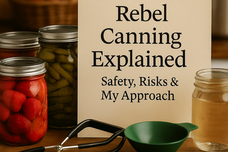 A rustic kitchen table with jars of home-canned fruits and vegetables, canning tools, and a printed sheet titled “Rebel Canning Explained: Safety, Risks & My Approach.”