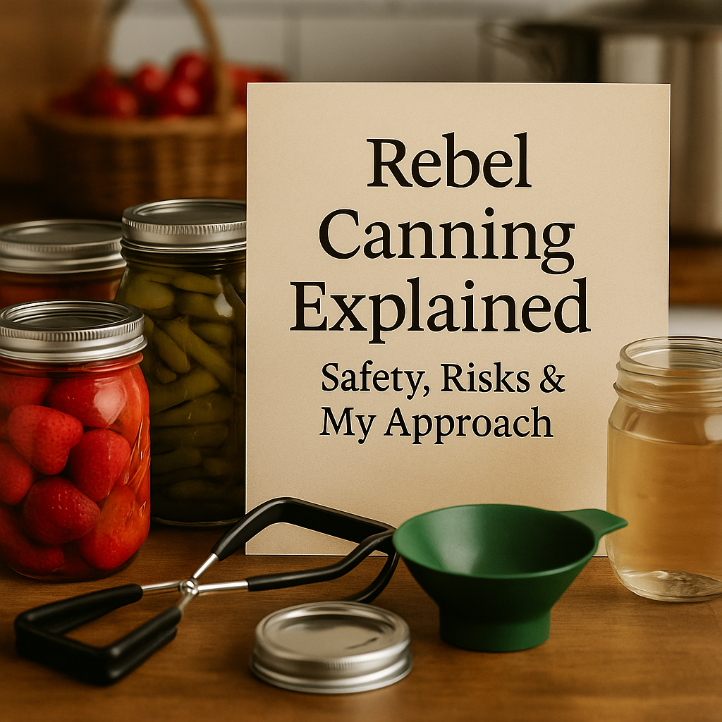A rustic kitchen table with jars of home-canned fruits and vegetables, canning tools, and a printed sheet titled “Rebel Canning Explained: Safety, Risks & My Approach.”