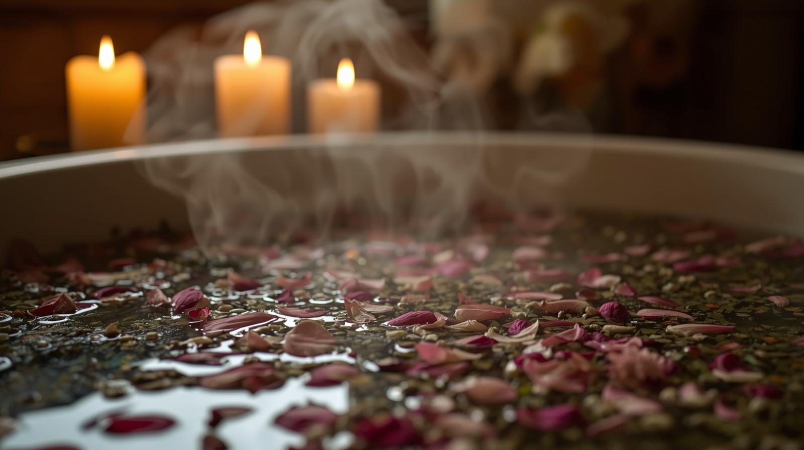 Moon water being added to a ritual bath with herbs for cleansing