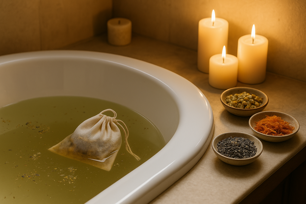 A serene bath scene with an herbal bath tea steeping in a tub, surrounded by dried herbs in bowls and lit candles.