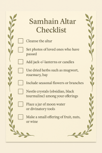 A printable Samhain altar checklist with blank checkboxes, framed by botanical illustrations, listing essential items for creating a seasonal altar.