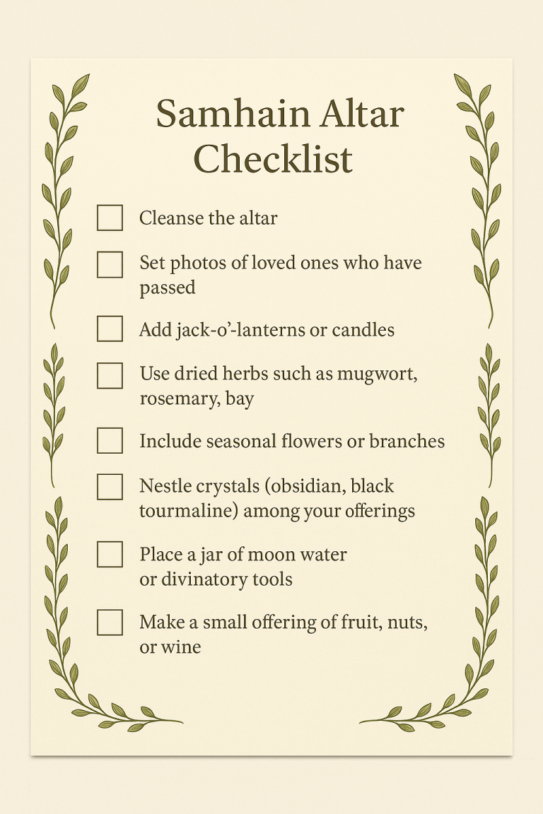 A printable Samhain altar checklist with blank checkboxes, framed by botanical illustrations, listing essential items for creating a seasonal altar.