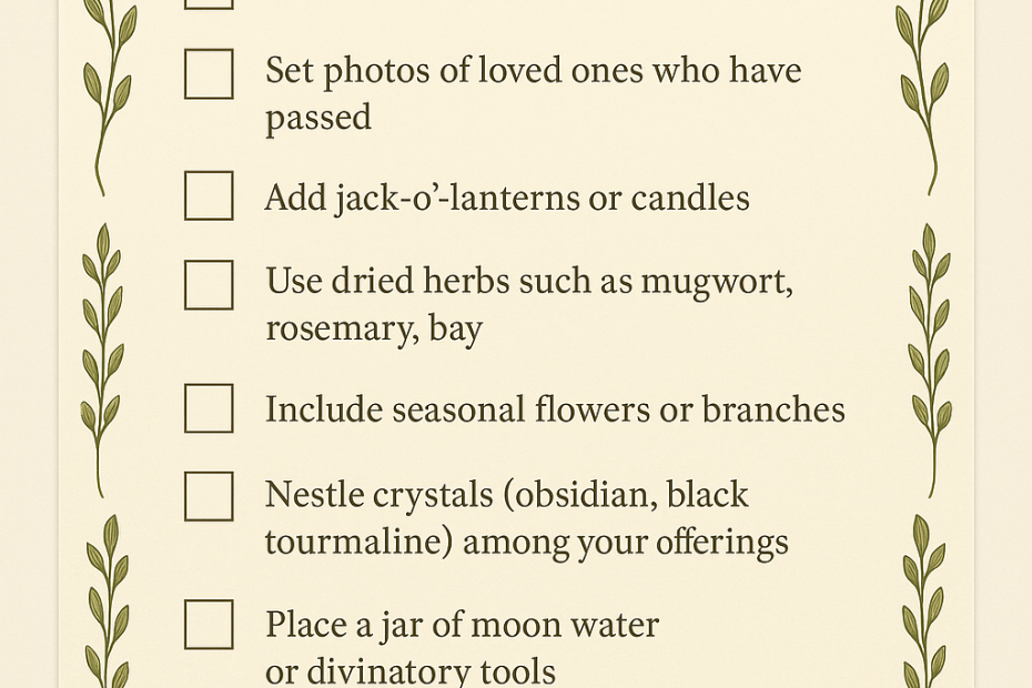A printable Samhain altar checklist with blank checkboxes, framed by botanical illustrations, listing essential items for creating a seasonal altar.