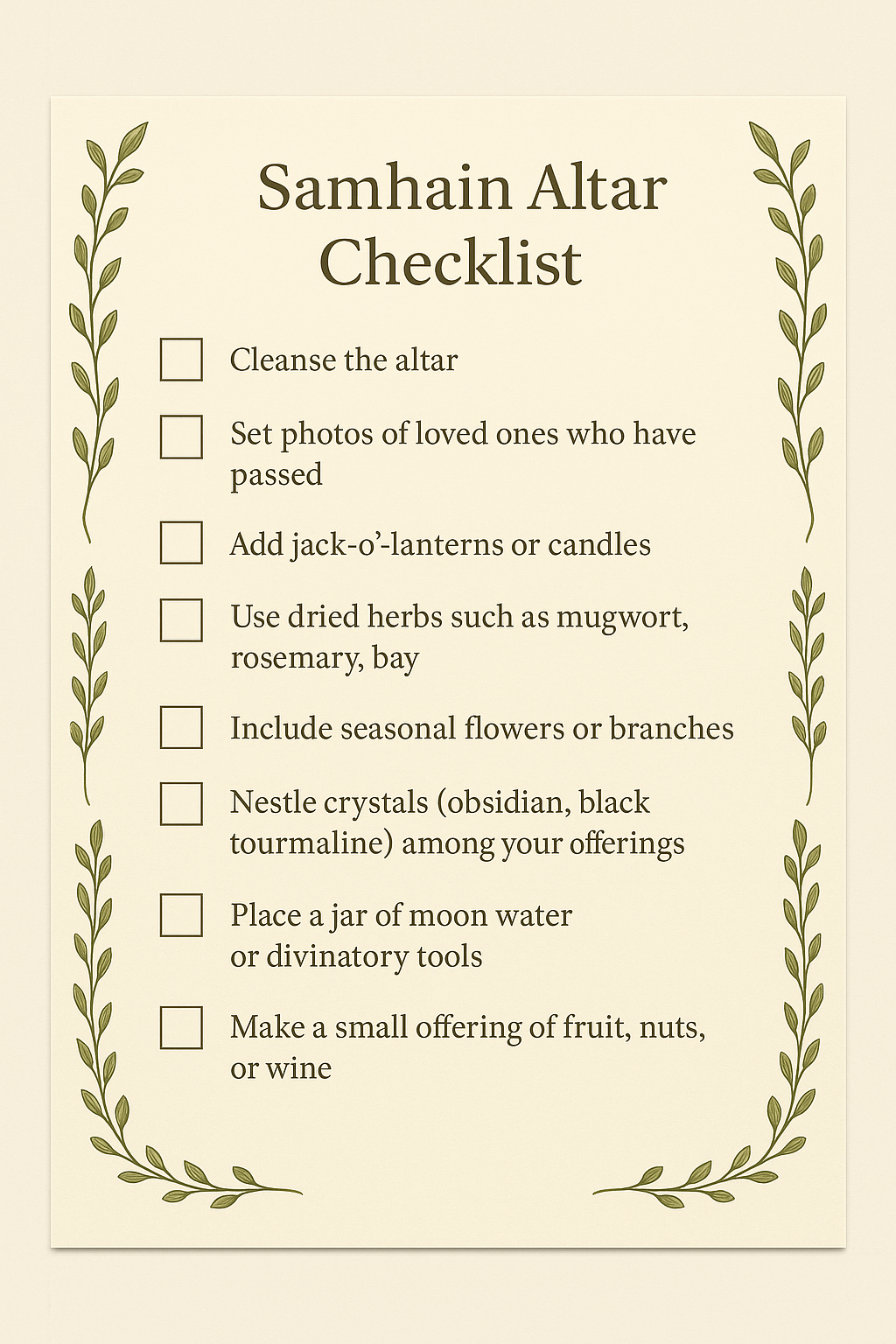 A printable Samhain altar checklist with blank checkboxes, framed by botanical illustrations, listing essential items for creating a seasonal altar.