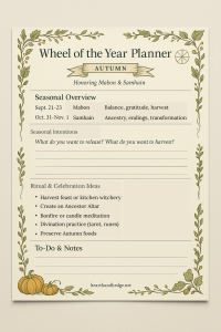 A printable Wheel of the Year planner page for autumn with decorative botanical borders, pumpkins, and sections for seasonal intentions, rituals, and notes.