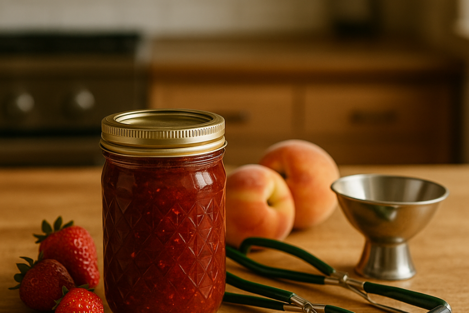 A jar of home-canned jam beside ripe fruit and canning tools on a wooden kitchen counter.