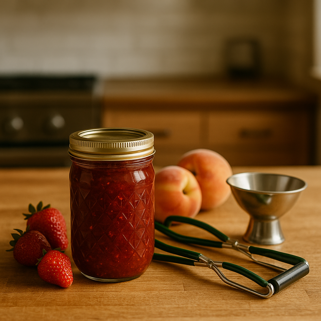 A jar of home-canned jam beside ripe fruit and canning tools on a wooden kitchen counter.