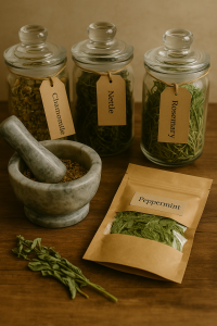 Natural Medicine Essentials: Quick-Start Guide to Herbalism for Beginners 3 Rustic wooden shelf with labeled glass apothecary jars and a mortar and pestle.