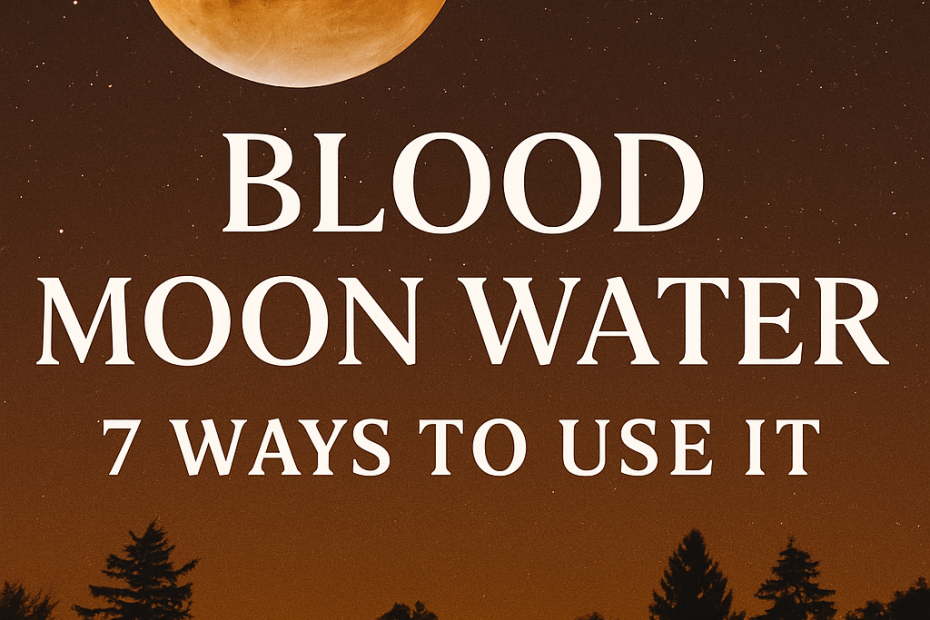 Blood Moon during total lunar eclipse with blog title 'Blood Moon Water: 7 Ways to Use It' over a silhouette of trees