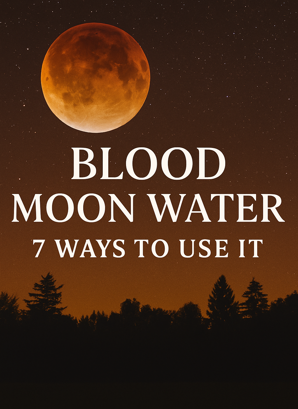 Blood Moon during total lunar eclipse with blog title 'Blood Moon Water: 7 Ways to Use It' over a silhouette of trees
