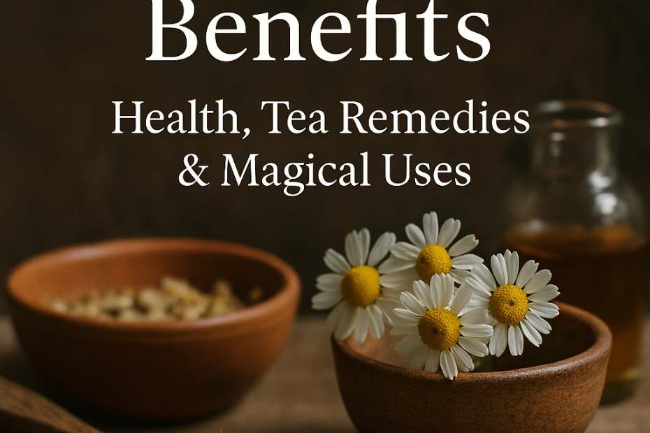 Rustic scene with fresh chamomile flowers, dried chamomile in bowls, and a wooden spoon, representing chamomile benefits.