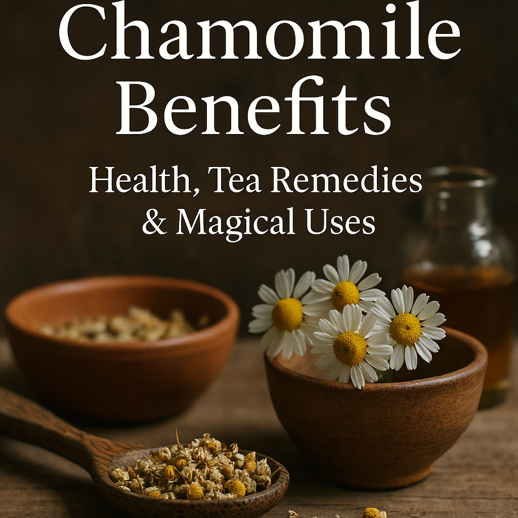 Rustic scene with fresh chamomile flowers, dried chamomile in bowls, and a wooden spoon, representing chamomile benefits.
