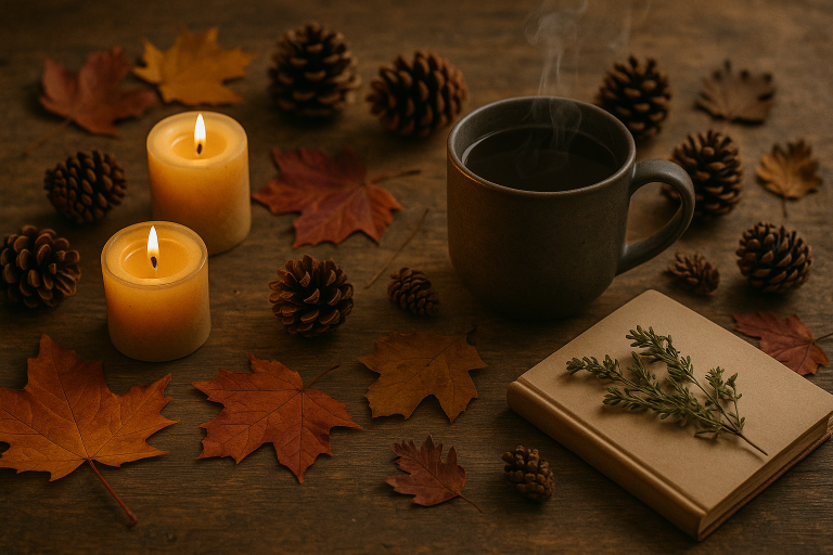 Cozy fall ritual scene with candles, autumn leaves, and herbal tea on a rustic table.