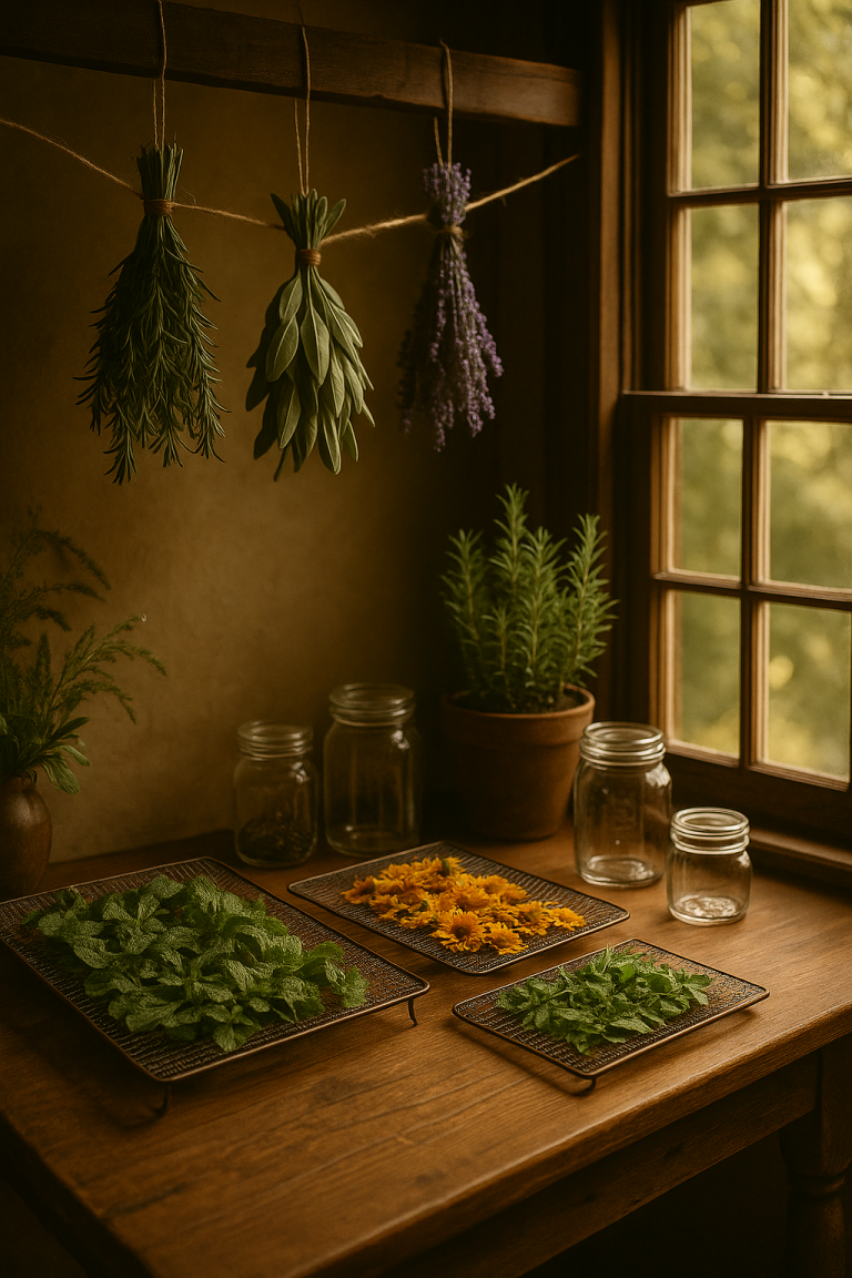 Sunlit rustic kitchen corner with bundles of rosemary, sage, and lavender drying from twine, fresh herbs on racks, and glass jars ready for storage.